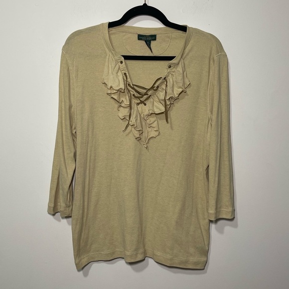 Lauren Ralph Lauren women’s Tan lace up ruffle equastrian 3/4 sleeve top in 2X - Picture 1 of 6
